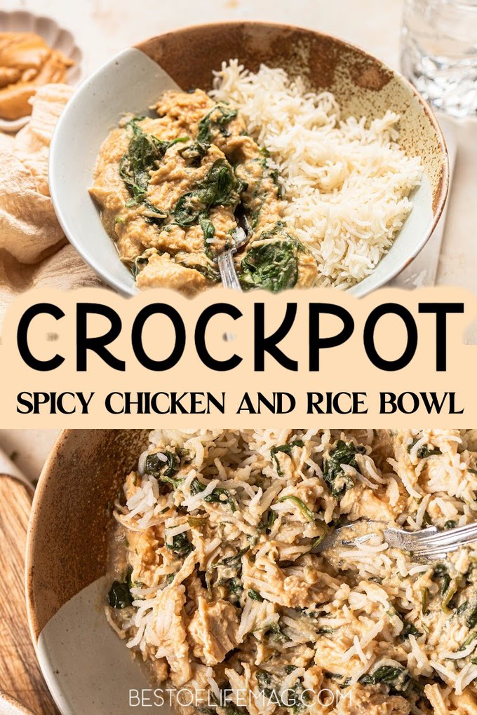 This crock-pot spicy chicken bowl recipe is made with peanut sauce and spinach making it a healthy and easy dinner any night of the week. Easy Crock-Pot Recipes | Healthy Crock-Pot Recipes | Slow Cooker Recipes | Chicken Bowl Recipes | Dinner Recipes with Chicken | Meal Planning Recipes with Chicken via @amybarseghian