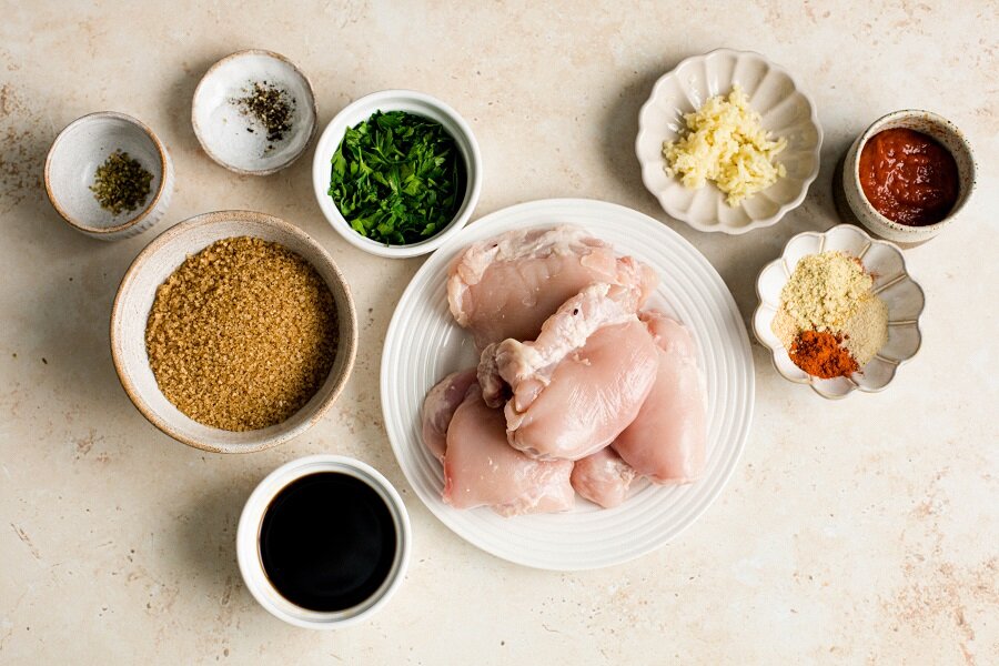 Dump and Go Crockpot Teriyaki Chicken Dinner Recipe Overhead View of Ingredients Separated and Spread Out on a Counter Top