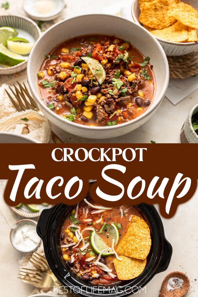 This easy crockpot taco soup recipe is full of flavor and loaded with beans, corn, and ground beef. It is the perfect recipe when you are short on time or need to serve a crowd! Crockpot Soup Recipes | Slow Cooker Soup Recipes | Taco Tuesday Recipes |Meal Planning Tips | Taco Soup Without Beans | Mexican Soup Recipes | Easy Crockpot Recipes | Crockpot Recipes for Beginners | Crockpot Meal Prep Recipes | Crockpot Recipes for Fall | Slow Cooker Taco Soup via @amybarseghian