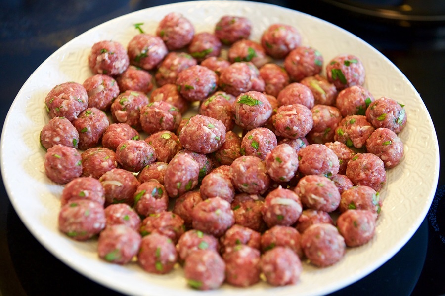 Low Carb Meatballs Recipe Ideas Close Up of a Serving Platter Filled with Raw Meatballs