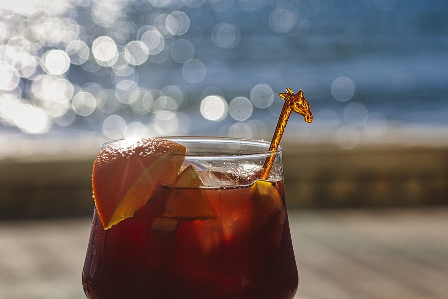 Fall Red Wine Sangria Recipes Close Up of a Glass of Sangria with an Ocean in the Background