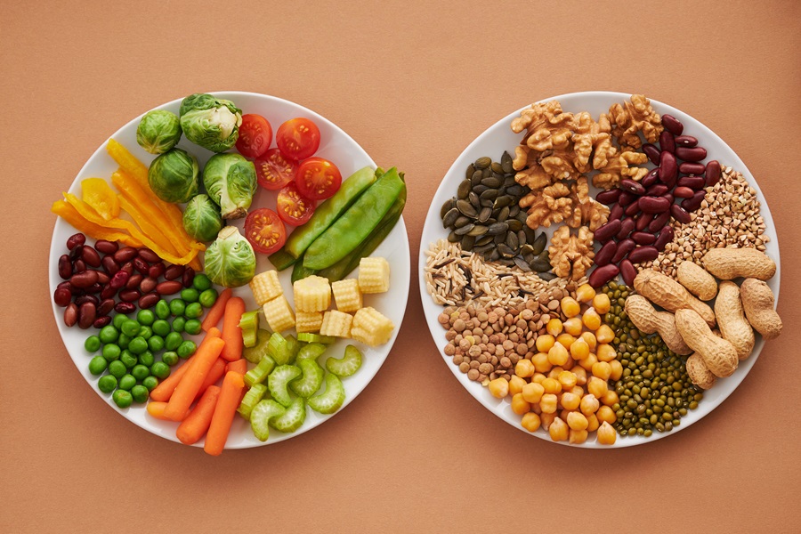 Nutrisystem Diabetic Meal Plan Tips and Tricks  Overhead View of Two Plates One Filled with Veggies and the Other with Nuts