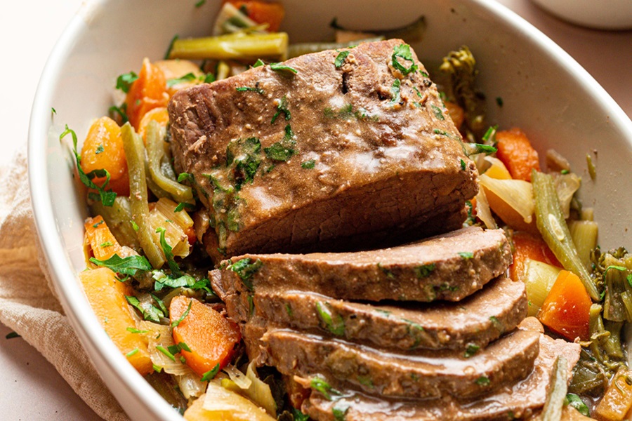 Old Fashioned Pot Roast Recipe in the Slow Cooker Close Up of Sliced Pot Roast with Veggies