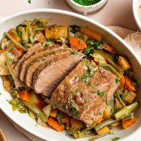 Old Fashioned Pot Roast Recipe in the Slow Cooker a Pot Roast with Roasted Veggies in a Serving Tray
