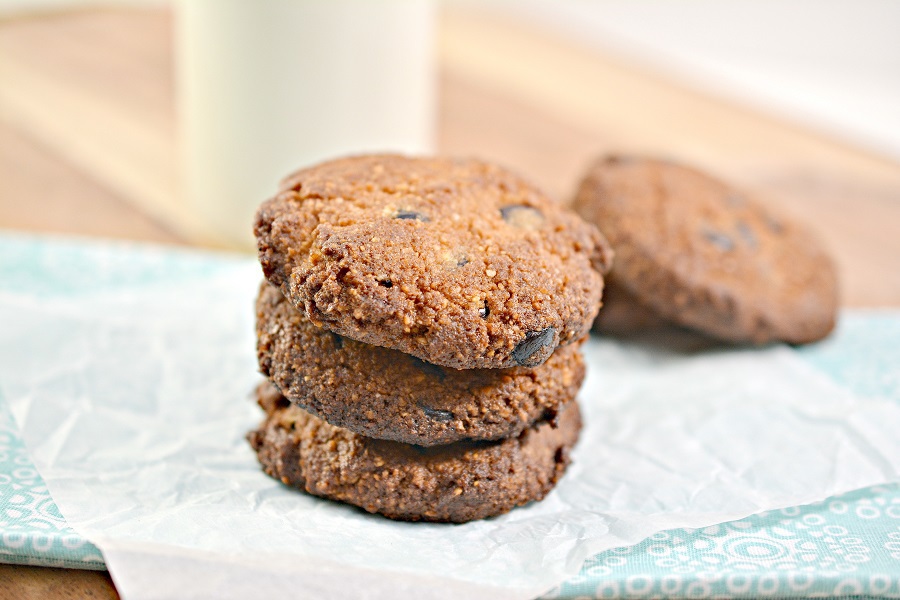 Jillian Michaels Bodyshred Meal Plan a Stack of Three Keto Chocolate Chip Cookies on a Napkin