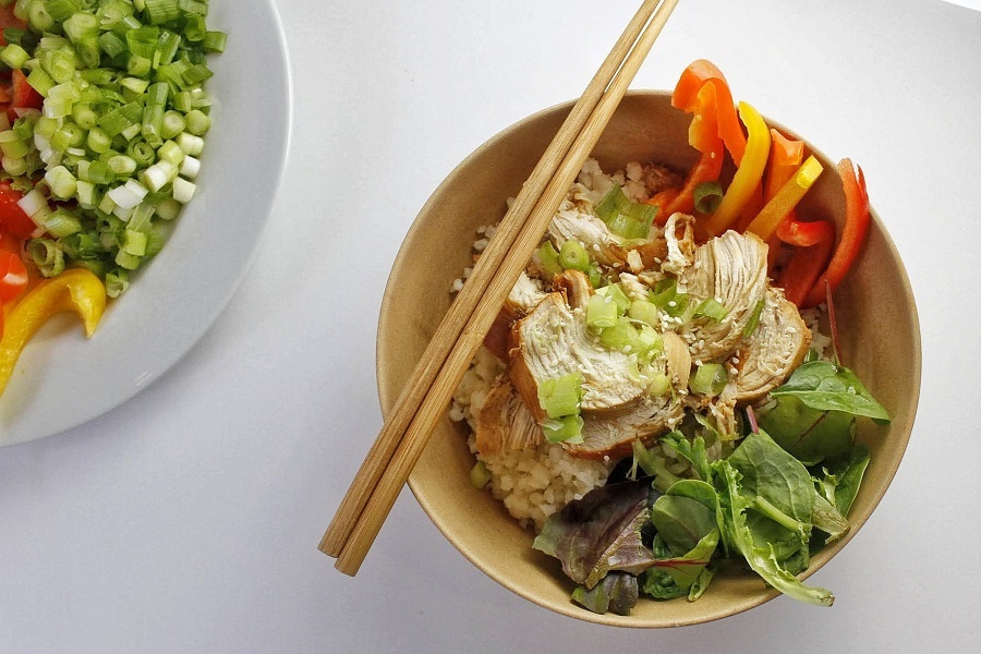 Jillian Michaels Bodyshred Meal Plan a Bamboo Bowl of Teriyaki Chicken with Chopsticks