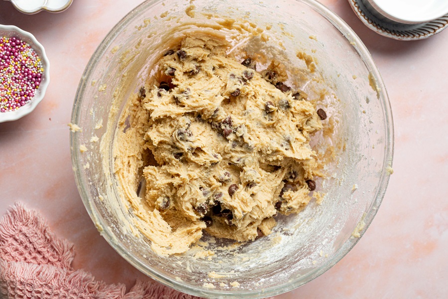 Egg Free Sugar Cookie Recipe a Bowl of Cookie Dough with Chocolate Chips
