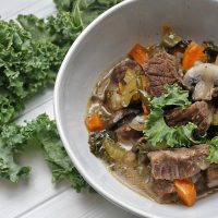Quick and Easy Low Carb Beef Stew Recipe Overhead View of a Bowl of Beef Stew with Fresh Kale Around It