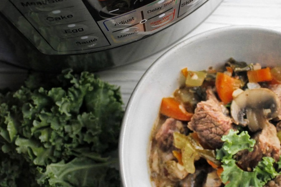 Quick and Easy Low Carb Beef Stew Recipe Close Up of a Bowl of Beef Stew Next to an Instant Pot