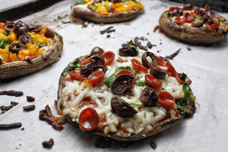 Healthy Summer Dinners Close Up of Portobello Pizzas on a Sheet Pan