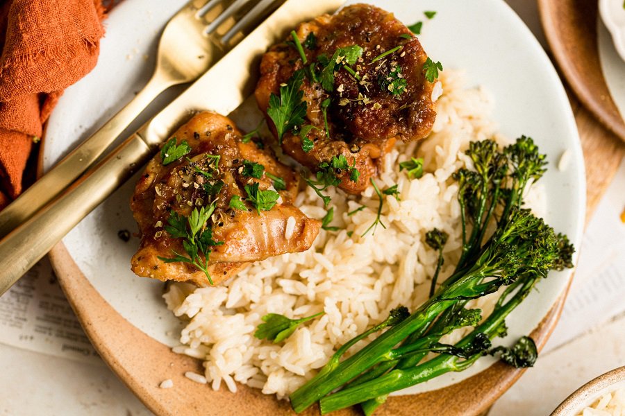 Healthy Summer Dinners a Plate of Teriyaki Chicken with Rice and Broccolini 