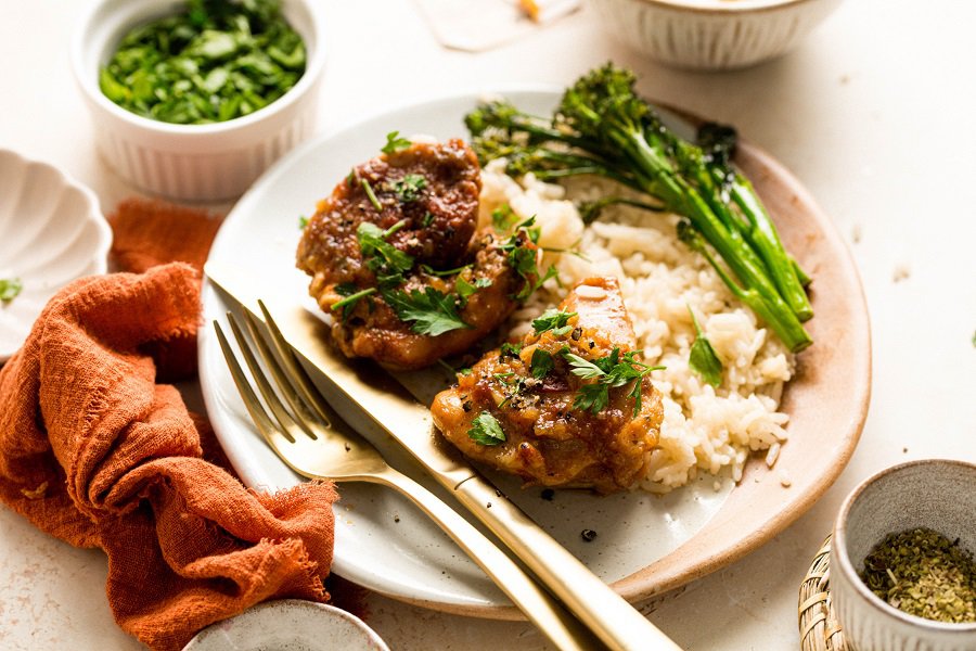 Healthy Summer Dinners a Plate of Teriyaki Chicken with Rice and Broccolini