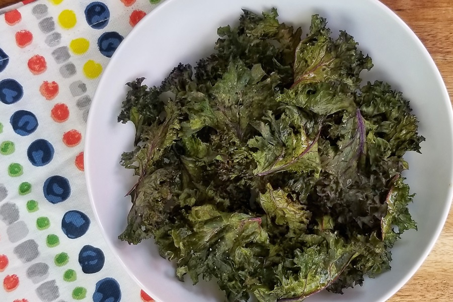 Easy Air Fryer Kale Chips Recipe Overhead View of a Bowl of Kale Chips