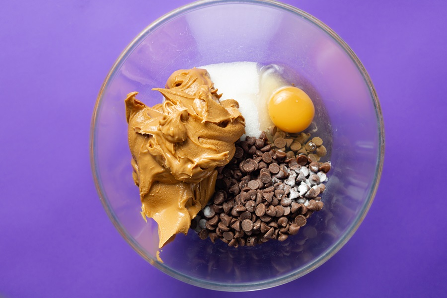 Air Fryer Peanut Butter Cookies without Flour Close Up of a Glass Bowl Filled with All of the Ingredients