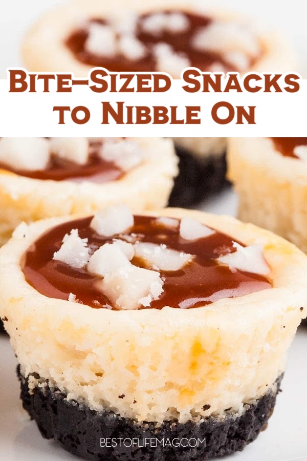 Bite sized snacks are perfect for parties and happy hour gatherings! These recipes are quick and easy to make, too! Party Recipes | Recipes for a Crowd | Party Dessert Recipes | Party Appetizer Recipes | Appetizer Recipes for a Crowd | Holiday Party Recipes | Summer Party Recipes | Birthday Party Recipes | Quick Snack Ideas | Easy Snack Recipes
