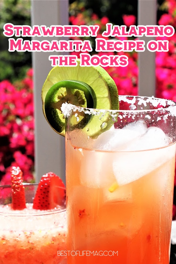 This strawberry jalapeño margarita is sweet, spicy, and totally refreshing. If you love margaritas this tequila cocktail needs to be added to your regular list of recipes! Margarita Recipes | Fruity Margarita Recipes | Spicy Margarita Recipe | Summer Margarita Recipes | Pool Party Cocktail Recipes