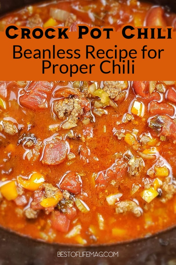 This beanless crockpot chili recipe is delicious and a filling high protein recipe that everyone will enjoy. Slow Cooker Chili Recipe | Slow Cooker Recipes | Dinner Recipes for Families | Crockpot Dinner Recipes | Slow Cooker Dinner Recipes