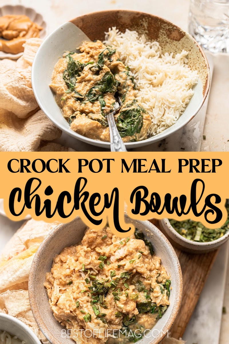This crock-pot spicy chicken bowl recipe is made with peanut sauce and spinach making it a healthy and easy dinner any night of the week. Easy Crock-Pot Recipes | Healthy Crock-Pot Recipes | Slow Cooker Recipes | Chicken Bowl Recipes | Dinner Recipes with Chicken | Meal Planning Recipes with Chicken via @amybarseghian