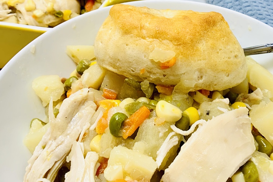 Chicken Pot Pie with Biscuits on a Plate