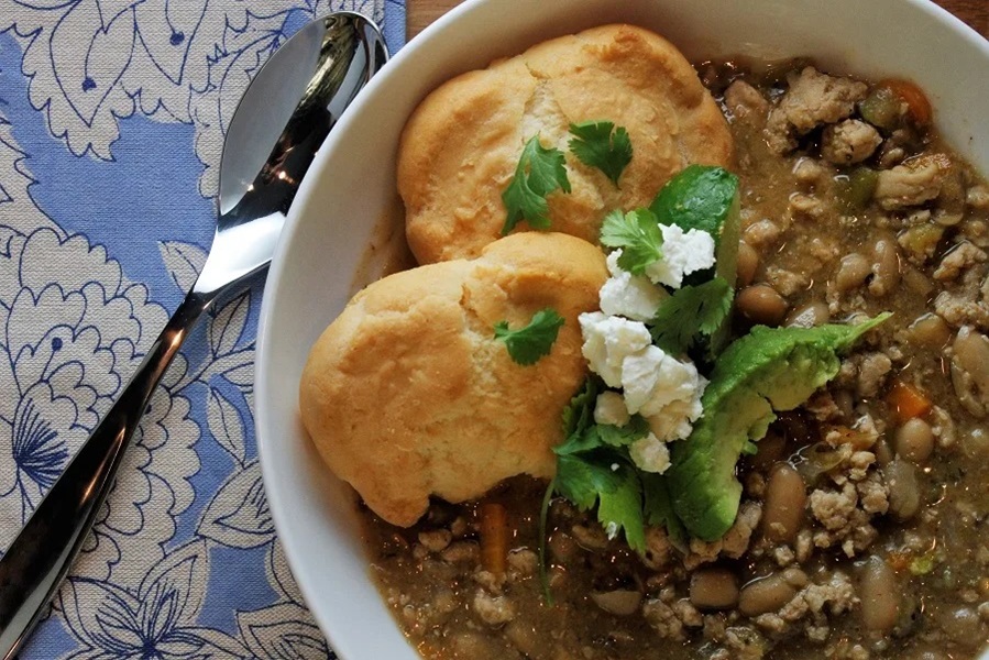 Crockpot Dinner Recipes with Ground Chicken Overhead View of a Bowl of Ground Chicken Chili