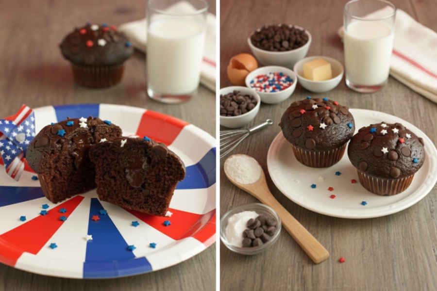 Easy Chocolate Dairy Free Cupcakes Split View Pictures of Cupcakes on Plates with Sprinkles