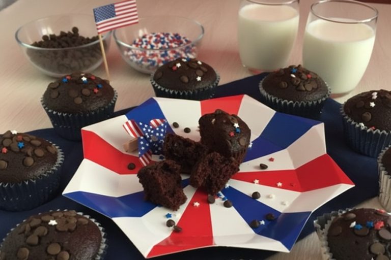 Easy Chocolate Dairy Free Cupcakes a Partially Eaten Cupcake on a Red, White and Blue Plate Surrounded by Other Cupcakes and Two Glasses of Milk