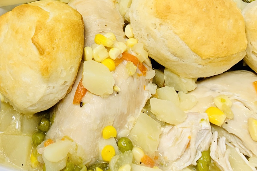 Close Up of Chicken Pot Pie with Biscuits on a Plate