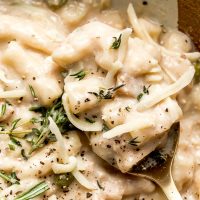 Easy Leftover Turkey and Noodles Recipe Close Up of a Silver Spoon in a Bowl of Turkey Casserole