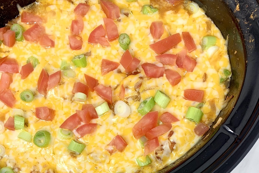 Easy Chicken Burrito Bowl Recipe Overhead View of The Burrito Filling Cooked in a Crock Pot