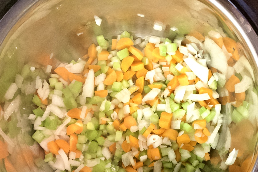 Quick Chicken Noodle Soup Diced Veggies Inside an Instant Pot