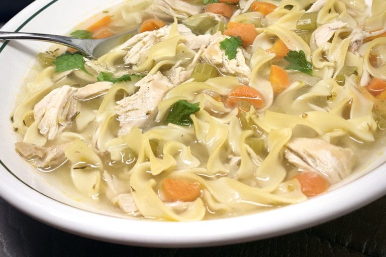 Quick Chicken Noodle Soup Close Up of Soup in a Bowl