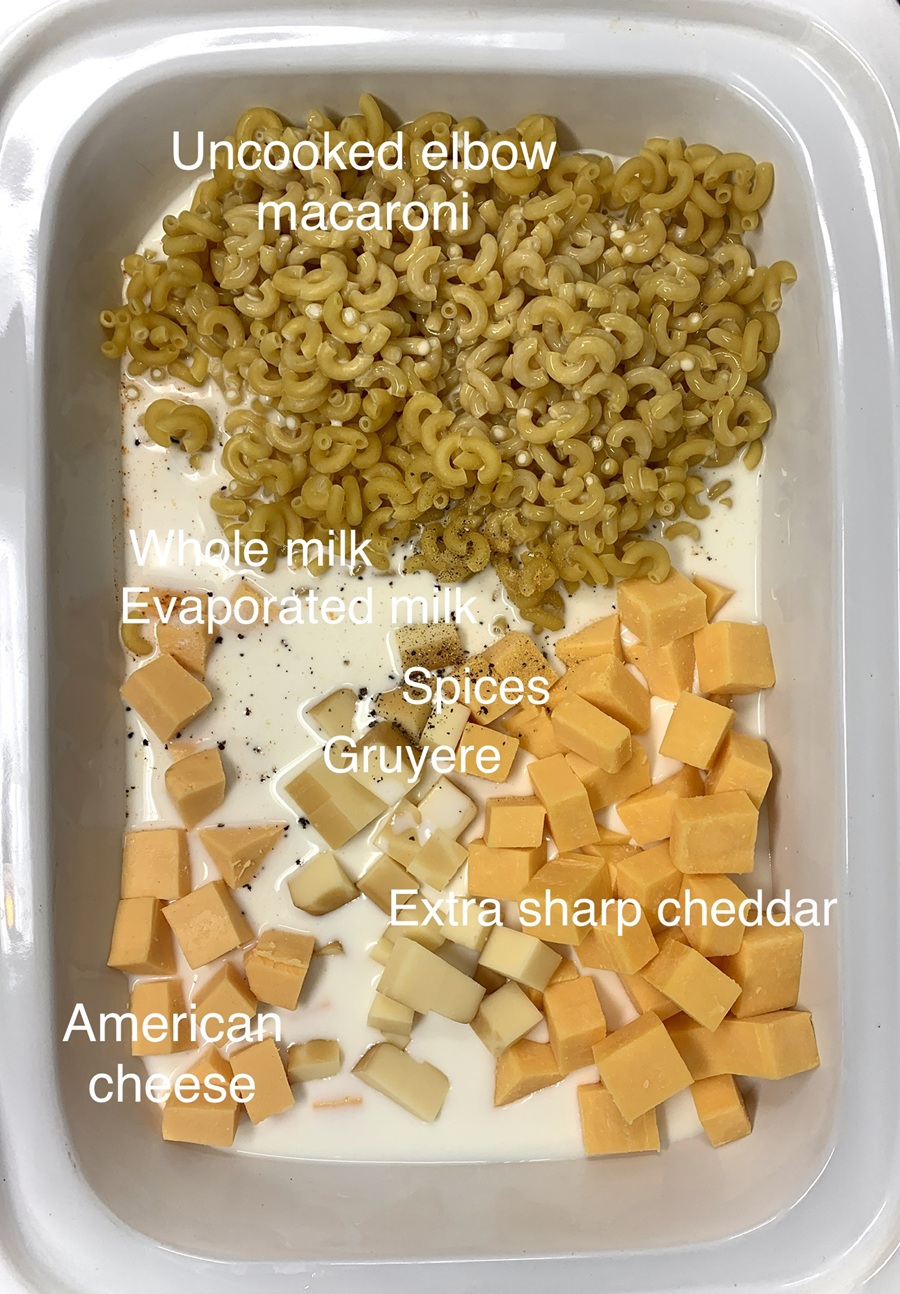 Simple Macaroni and Cheese Recipe Overhead View of the Ingredients in a Crockpot