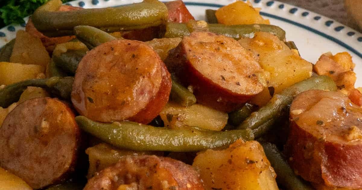 St Patrick's Day Crockpot Recipes Crock Pot Sausage Potatoes and Green Beans on a Plate