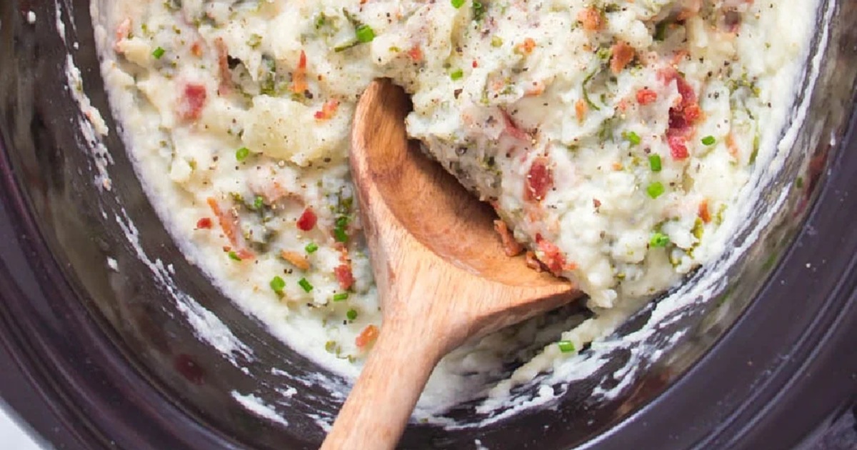 St Patrick's Day Crockpot Recipes Crockpot Colcannon Potatoes in a Crockpot with a Wooden Spoon