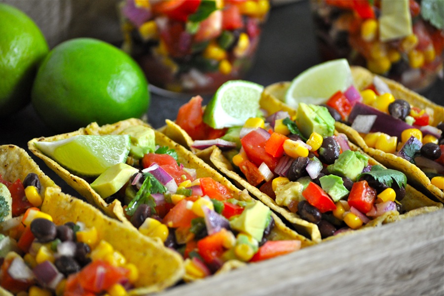 Easter Appetizers Close Up of Black Bean Salsa in Crispy Tortilla Boats