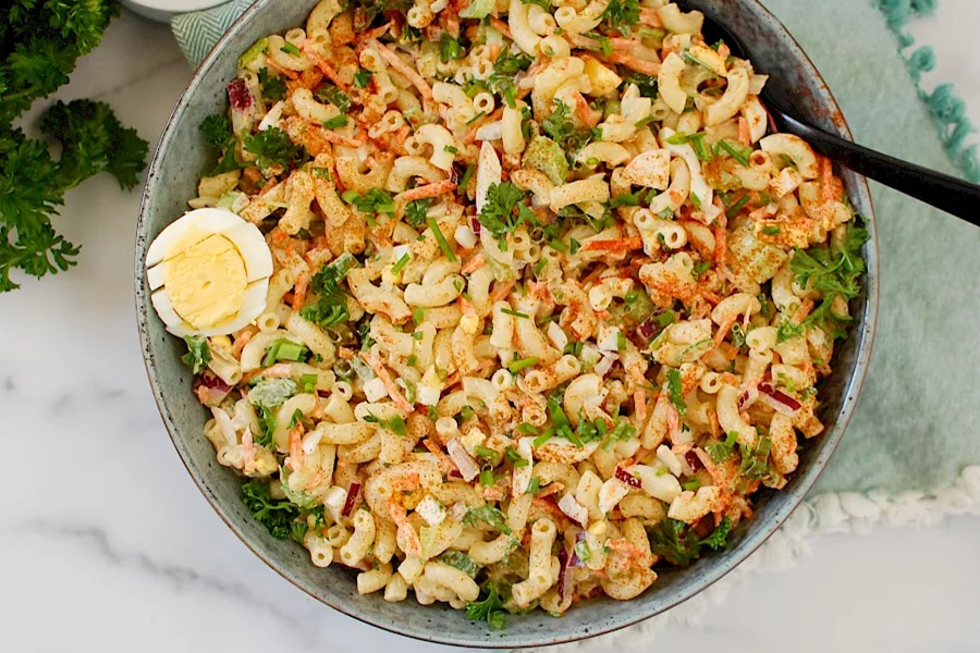 Healthy Easter Dinner Side Dishes Macaroni Egg Salad in a Bowl