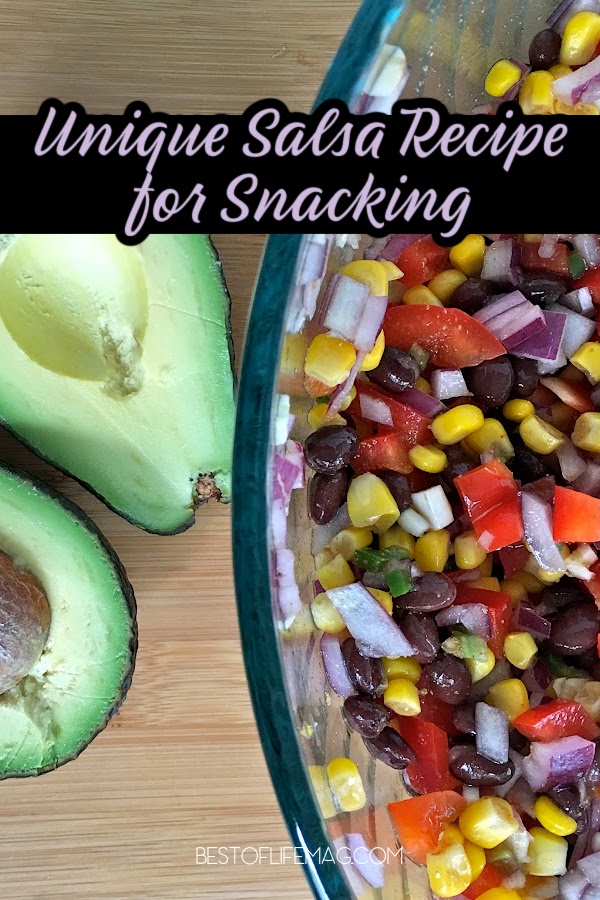 Impress your guests with this black bean salsa recipe served in fiesta flats! With avocado and fresh vegetables galore, it is healthy and easy to make!