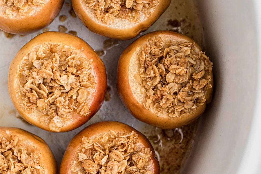 Crockpot Mother's Day Brunch Recipes Slow Cooker Baked Apples Close Up in a Baking Dish