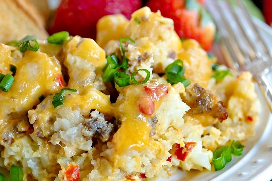 Crockpot Mother's Day Brunch Recipes Slow Cooker Tater Tot Breakfast Casserole on a Plate