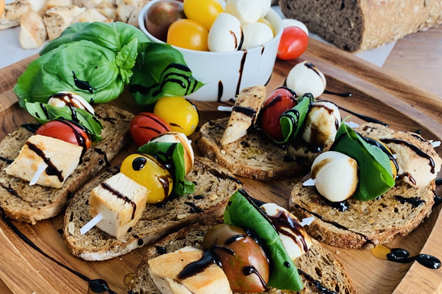 Dinner Ideas for Mother's Day Caprese Kebobs on Slices of Bread Drizzled with Balsamic Vinaigrette