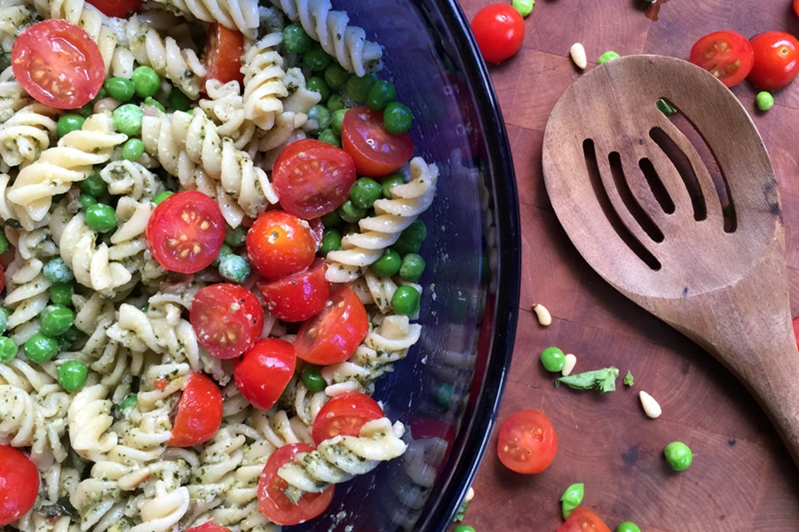 Dinner Ideas for Mother's Day a Blue Glass Bowl Filled wit Basil Pesto Salad