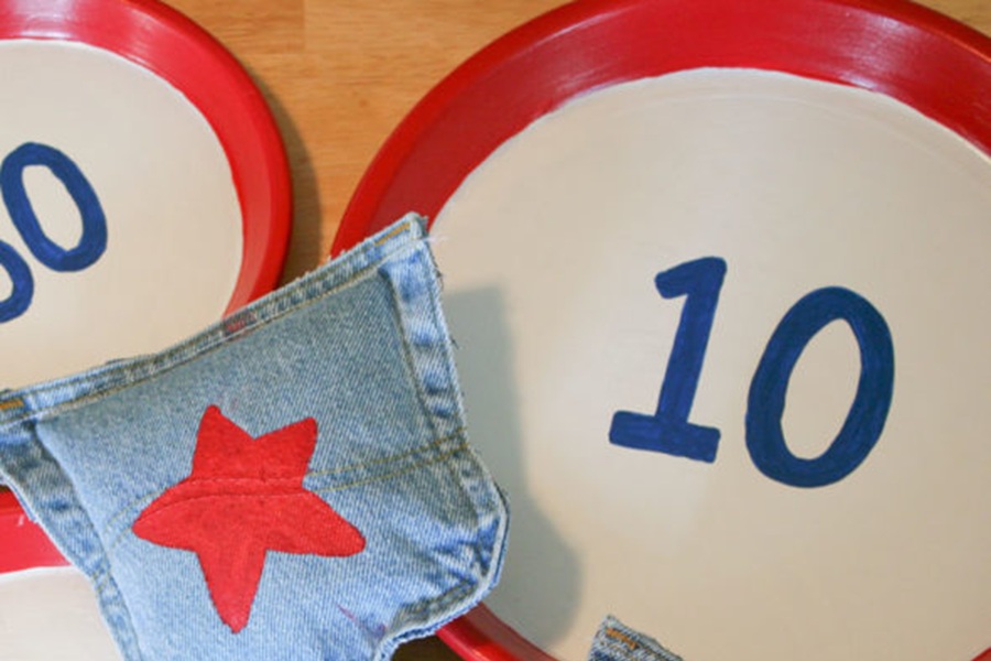4th of July Party Ideas Close Up of a Bean Bag Made from Blue Jeans and "targets" Made from Paper Plates