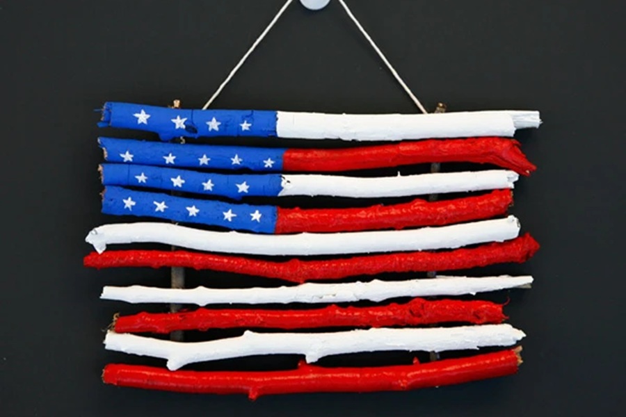 4th of July Party Ideas Twig Flag Craft for Kids Twigs Nailed Together and Painted to Look Like an American Flag