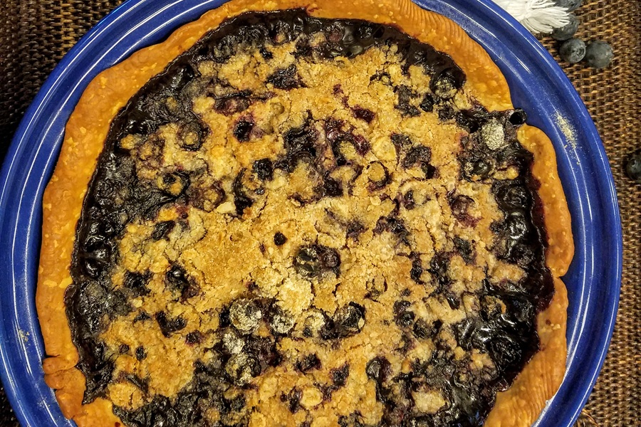 Dairy Free Fresh Blueberry Pie Recipe Overhead View of a Pie in a Blue Pie Dish