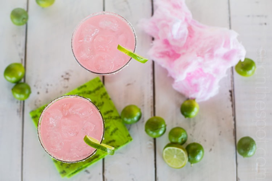 Summer Margarita Recipes Pink Cotton Candy Margaritas with a Fluff of Cotton Candy Next to Them