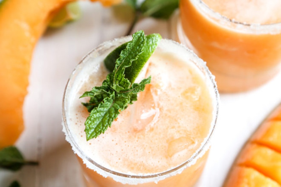Summer Margarita Recipes Cantaloupe Margaritas Garnished with Mint Leaves