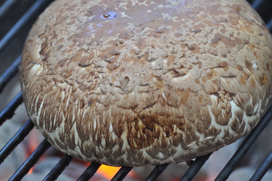 Portobello Mushroom Burger Mushroom Cap on a Grill with Fire Underneath