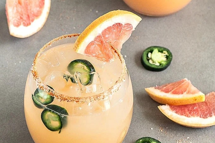 Summer Margarita Recipes Grapefruit Jalapeno Margarita Garnished with Jalapeno Slices and a Grapefruit Wedge