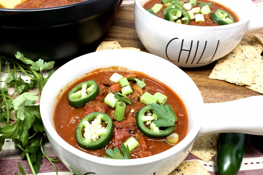 Dairy Free Ketogenic Recipes Instant Pot Keto Chili in Two Bowls That Say "Chili"