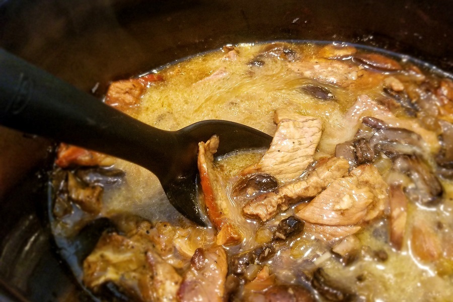 Dairy Free Ketogenic Recipes Crock Pot Dairy Free Beef Stroganoff with Coconut Milk in a Crockpot with a Laddle